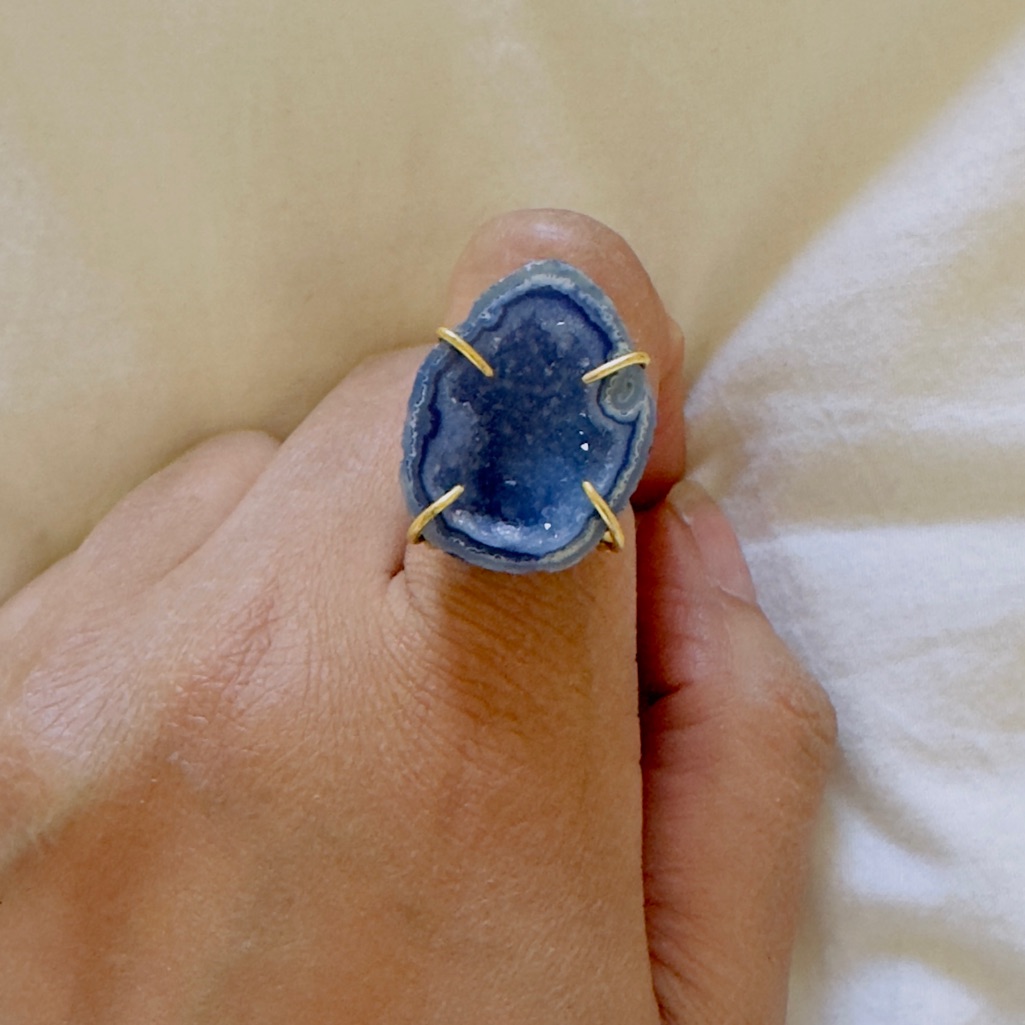 Brand New Designer Blue Geode Raw Stone Gold Plated Adjustable Vintage Ring